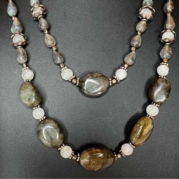 Vintage Inspired Natural Labradorite Two Strand Necklace High Quality Stone 18" - Picture 6 of 6